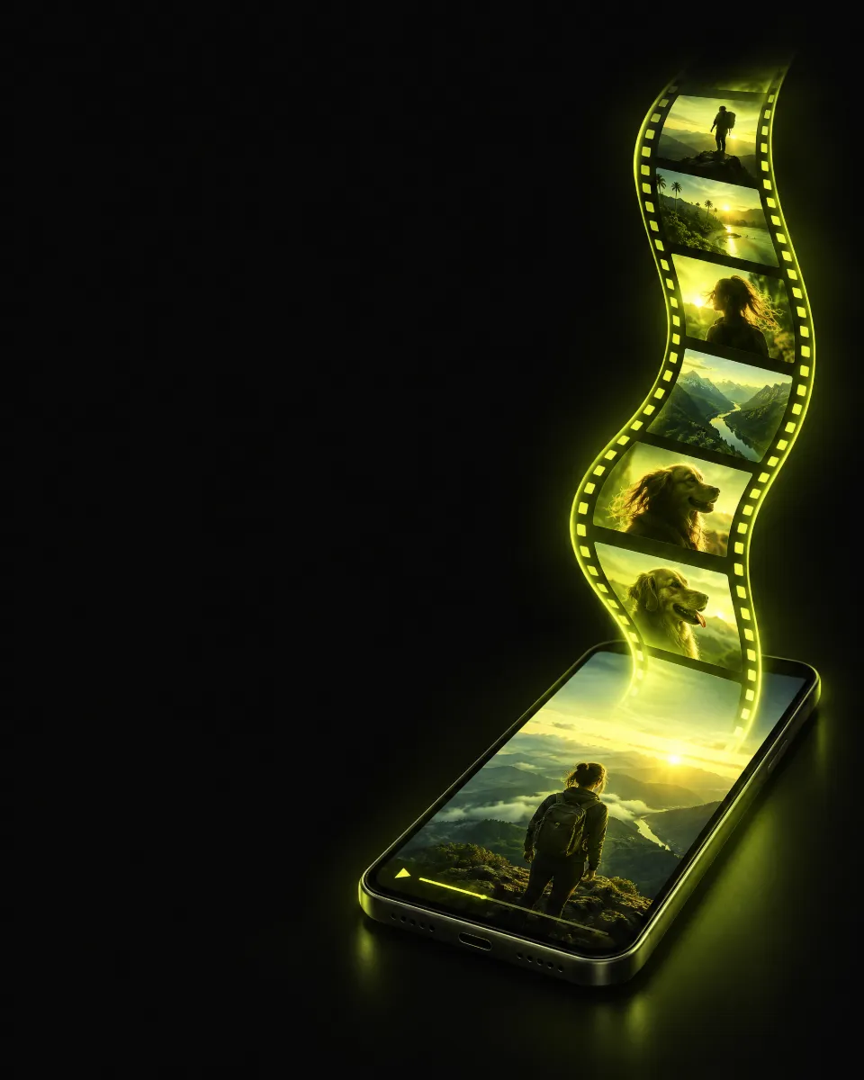 Smartphone with a strip of video ad frames flowing out of the screen