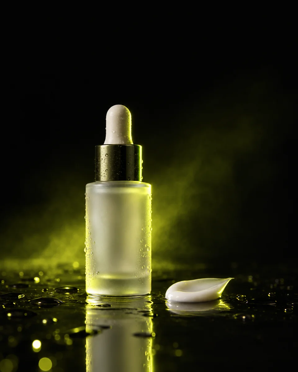 A glass skincare serum bottle and a soft cream swatch lit by yellow-green light on a dark surface