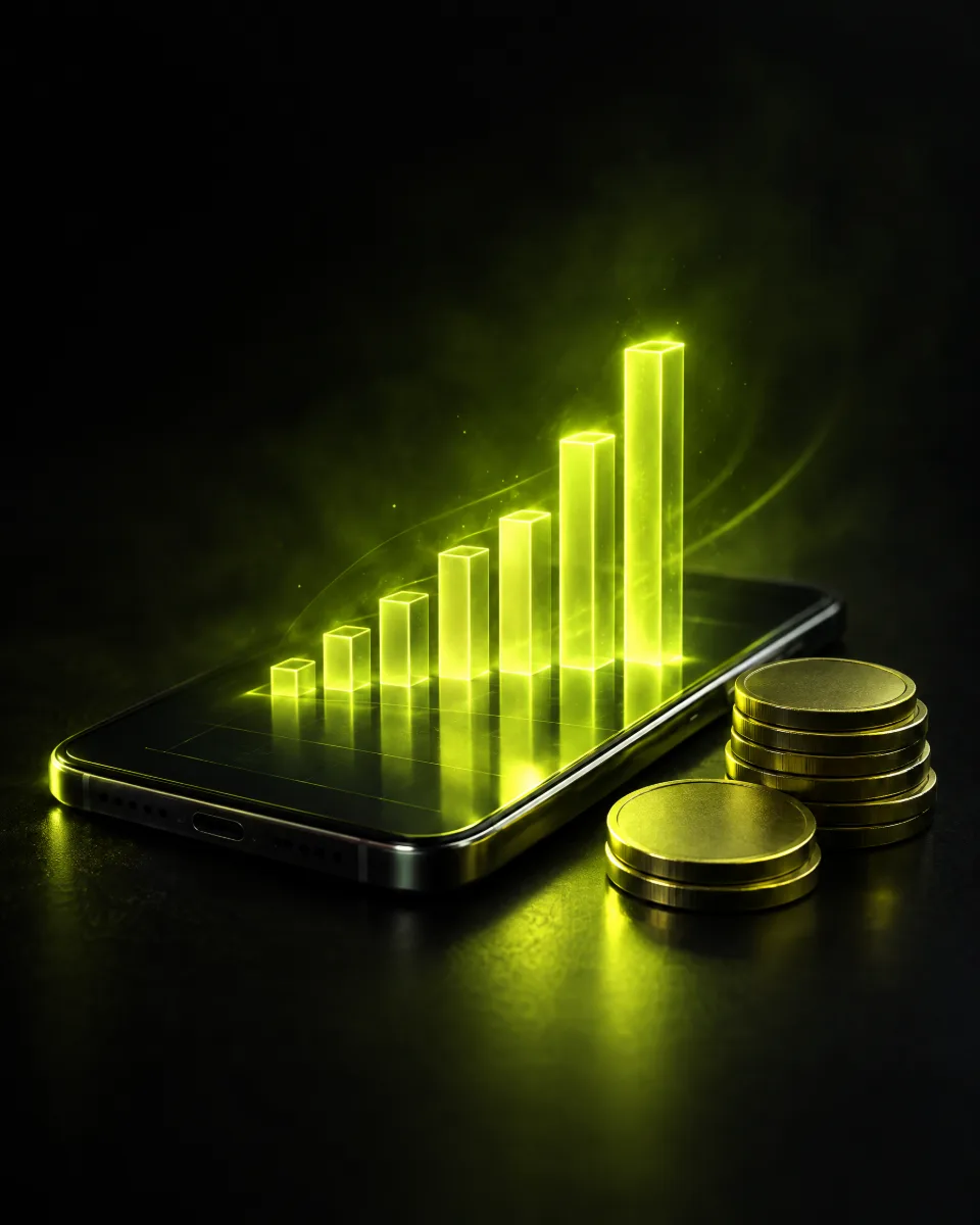 Smartphone with glowing abstract bar chart and stacked coins representing AppLovin ad budgets