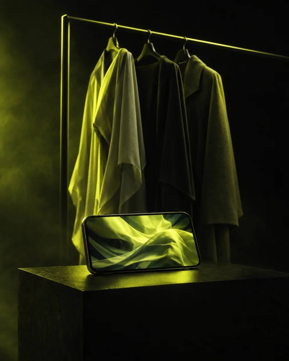 Clothing rack lit by electric yellow-green light beside a phone showing a full-screen fashion video