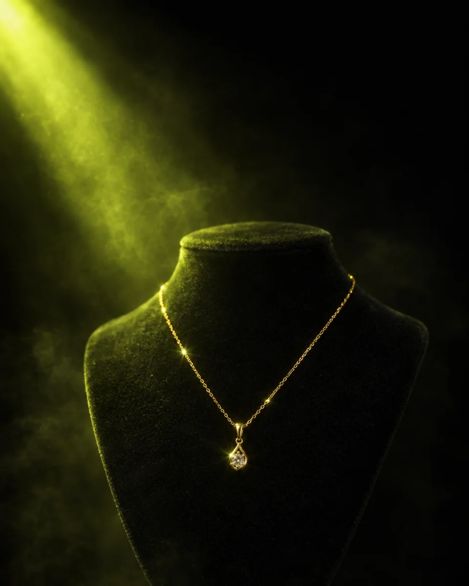 A gold necklace glowing under yellow-green light on a dark display stand