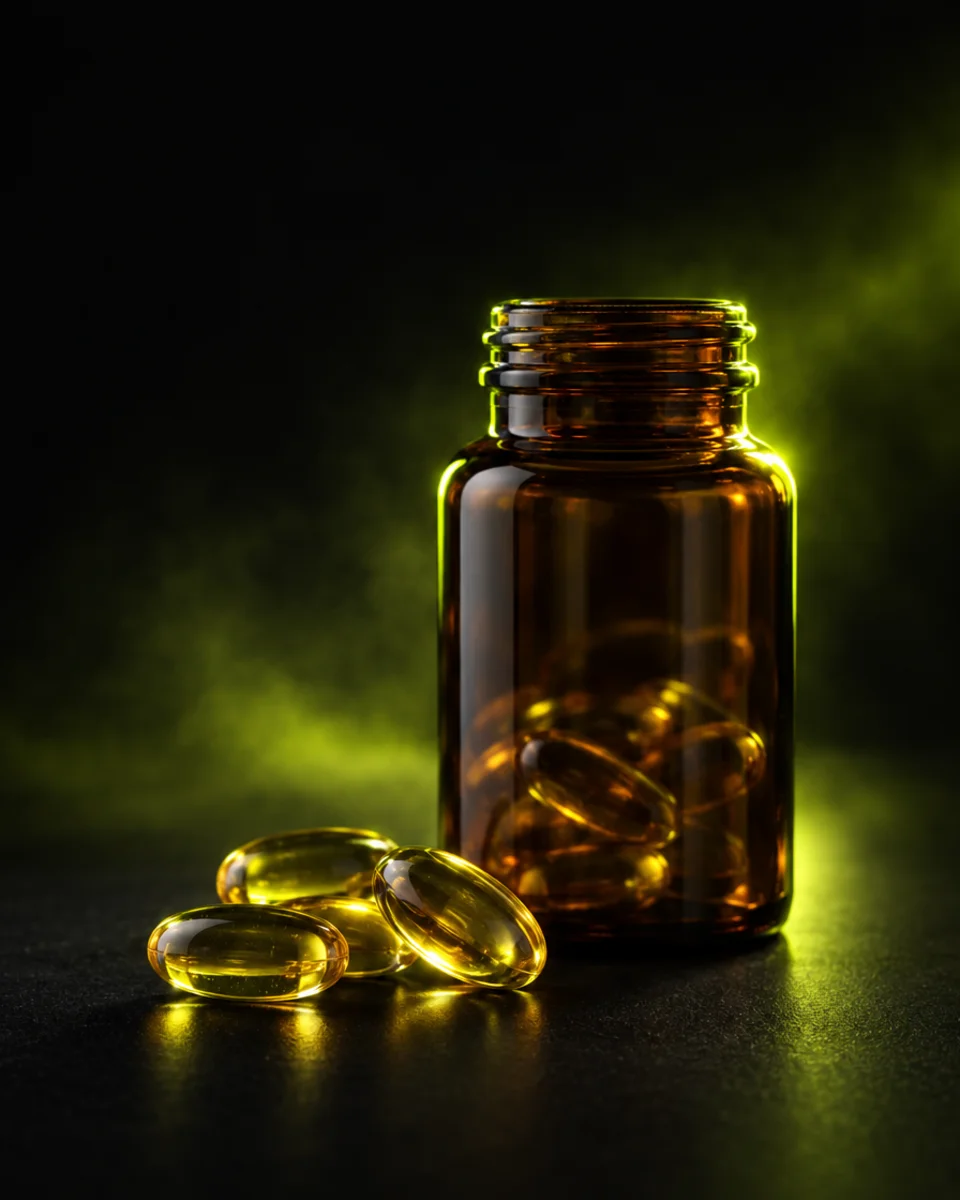Supplement capsules and a glass bottle on a dark surface lit by yellow-green light