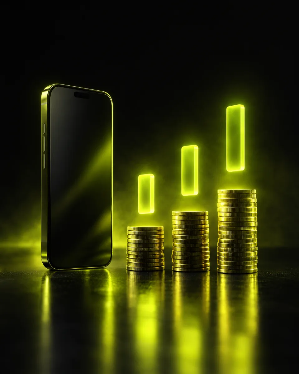 Smartphone beside three rising stacks of coins lit in yellow-green, representing agency fee models