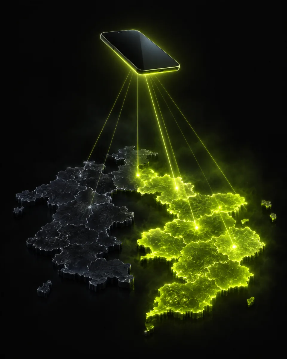 Abstract glowing map split into test and holdout regions below a floating smartphone