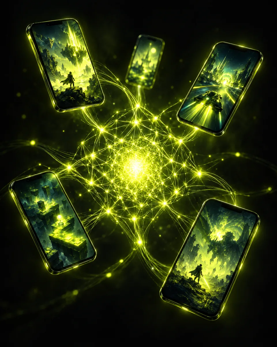 Glowing yellow-green neural network core connected to floating smartphones showing mobile game scenes