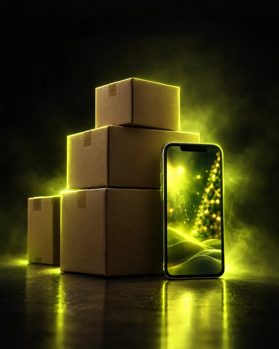 Stack of shipping boxes beside a glowing smartphone ad under yellow-green light for Q4