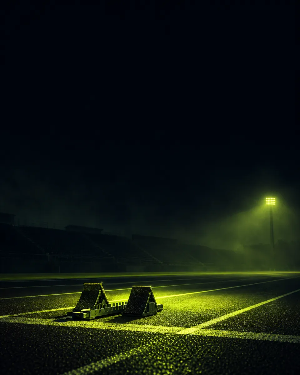 Launching your first AppLovin campaign Running starting blocks on a dark track under a yellow-green spotlight