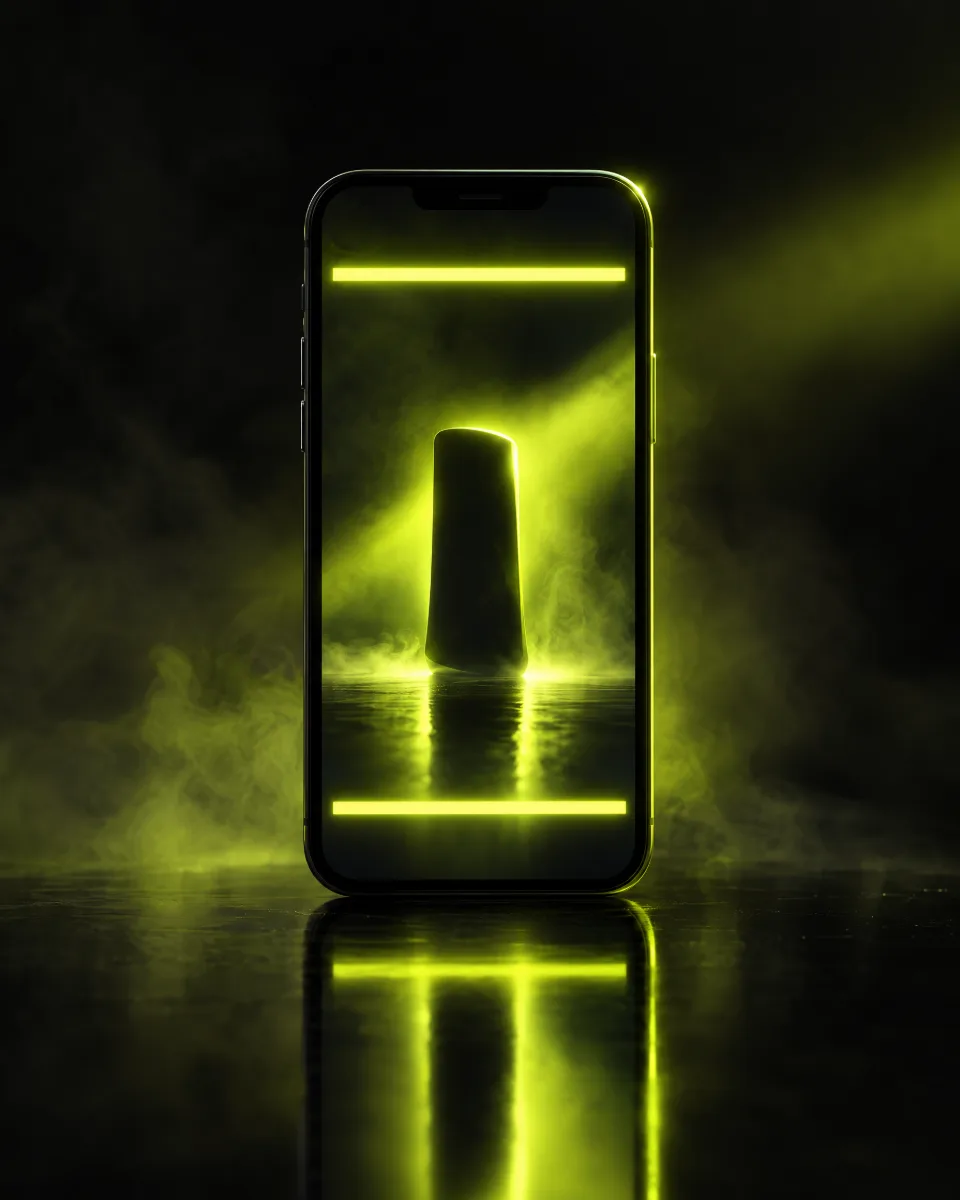 Smartphone playing a vertical video ad with bold captions under yellow-green light