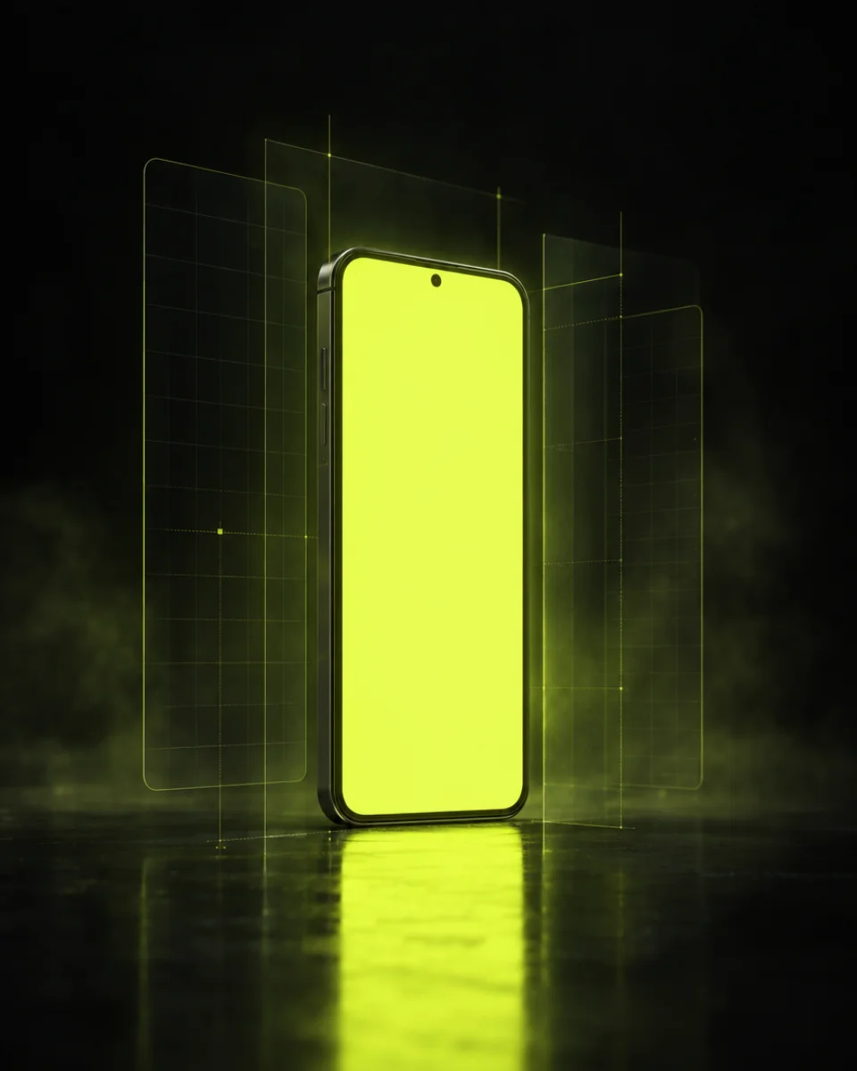 A vertical phone screen glowing with yellow-green light, showing a blank full-screen video frame in a dark hazy studio