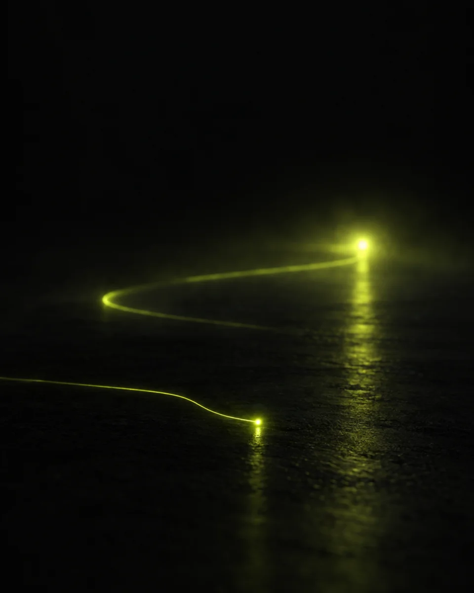 Two glowing yellow-green light paths on a dark surface, one short and one long, representing short and long conversion windows