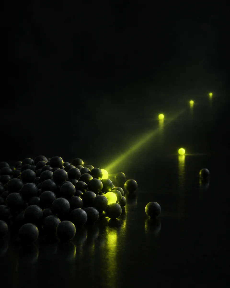 A beam of yellow-green light reaching from a cluster of dark spheres toward a few glowing spheres in untouched darkness