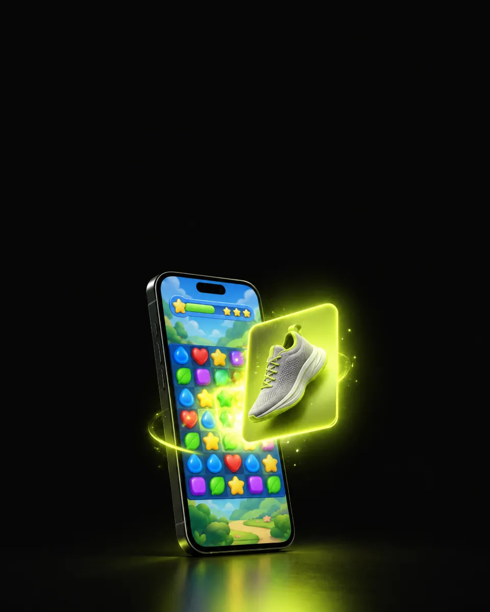 How AppLovin advertising works Mobile puzzle game on a smartphone with a sneaker product ad popping out of the screen