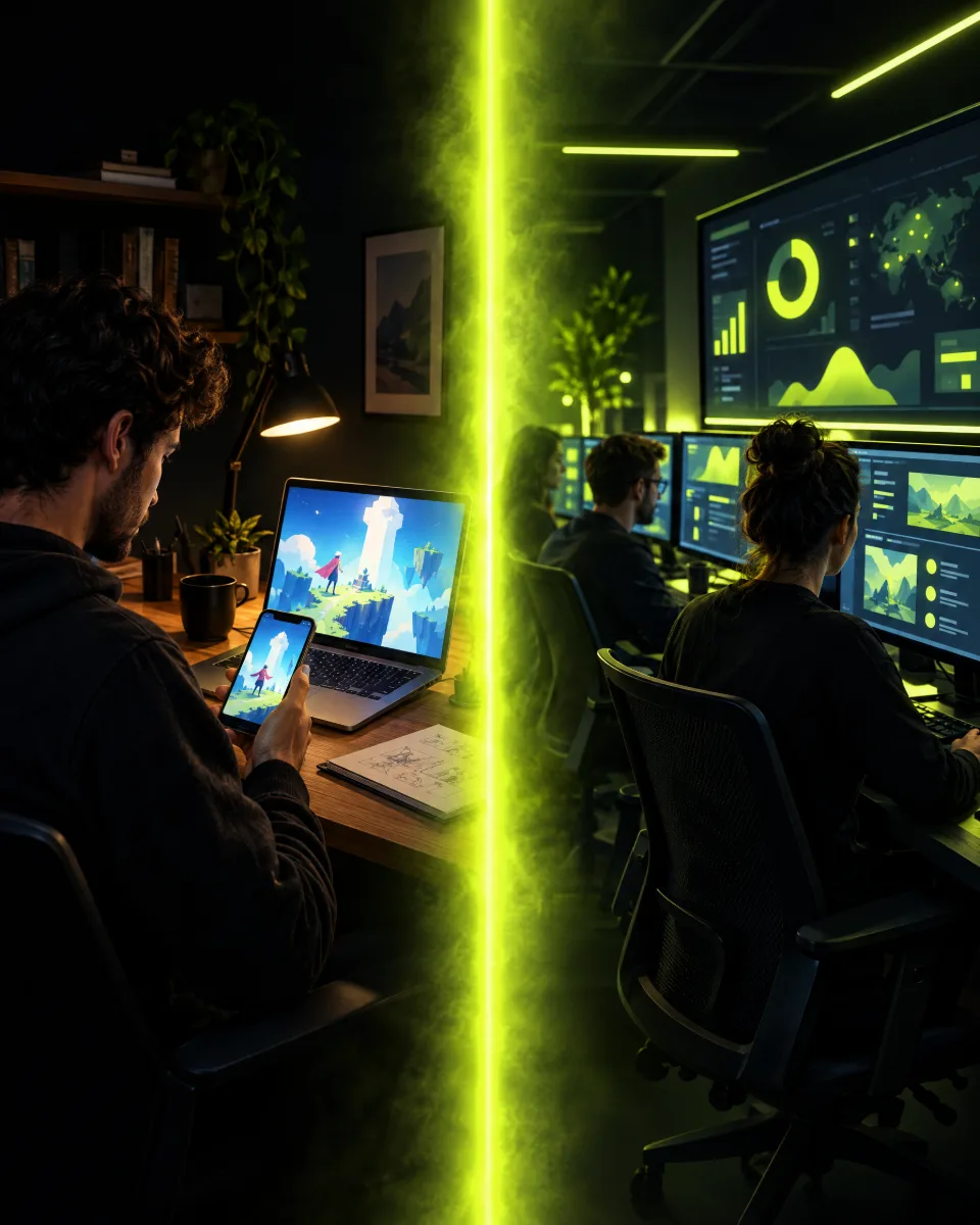 AppLovin in-house vs agency Split scene of a single in-house desk versus an agency workspace, divided by yellow-green light