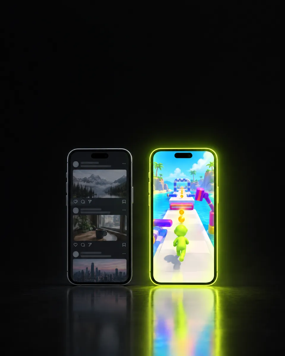 A dim social media feed on one phone next to a glowing full-screen product ad inside a mobile game