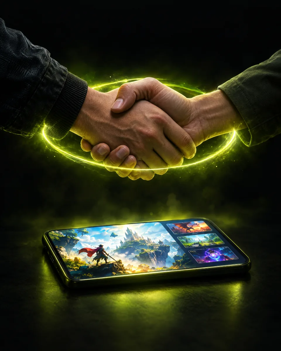 Handshake above a glowing smartphone showing a mobile game ad, lit in yellow-green