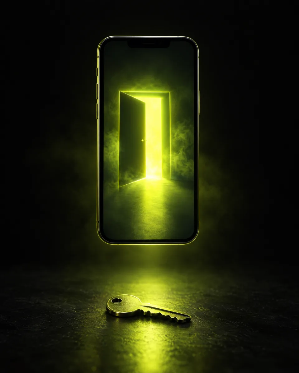 Smartphone showing a glowing open doorway above a key, symbolizing open AppLovin Ads access