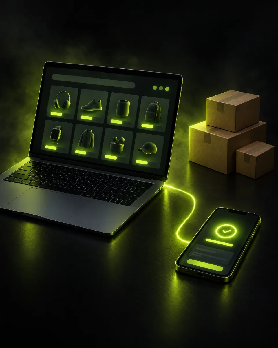 Laptop storefront and smartphone checkout linked by yellow-green light beside shipping boxes