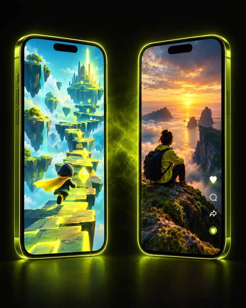Two smartphones side by side, one showing a mobile game, one a video feed