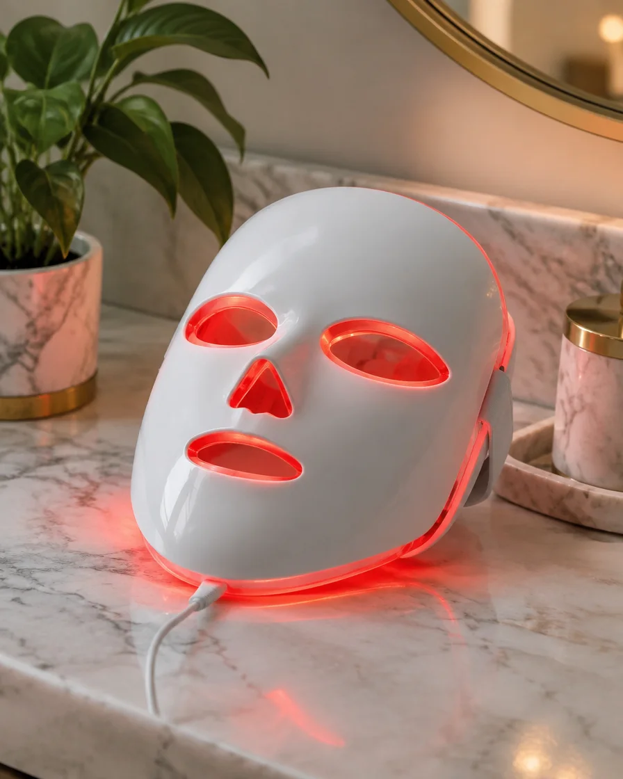 White LED light therapy face mask glowing red on a marble vanity