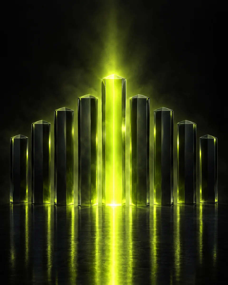 Ten dark glass pillars in an arc with the tallest center pillar glowing yellow-green