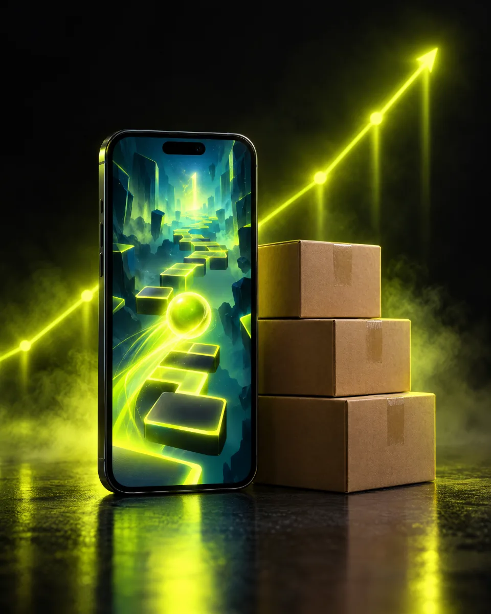 Smartphone showing a mobile game ad beside shipping boxes with rising yellow-green light
