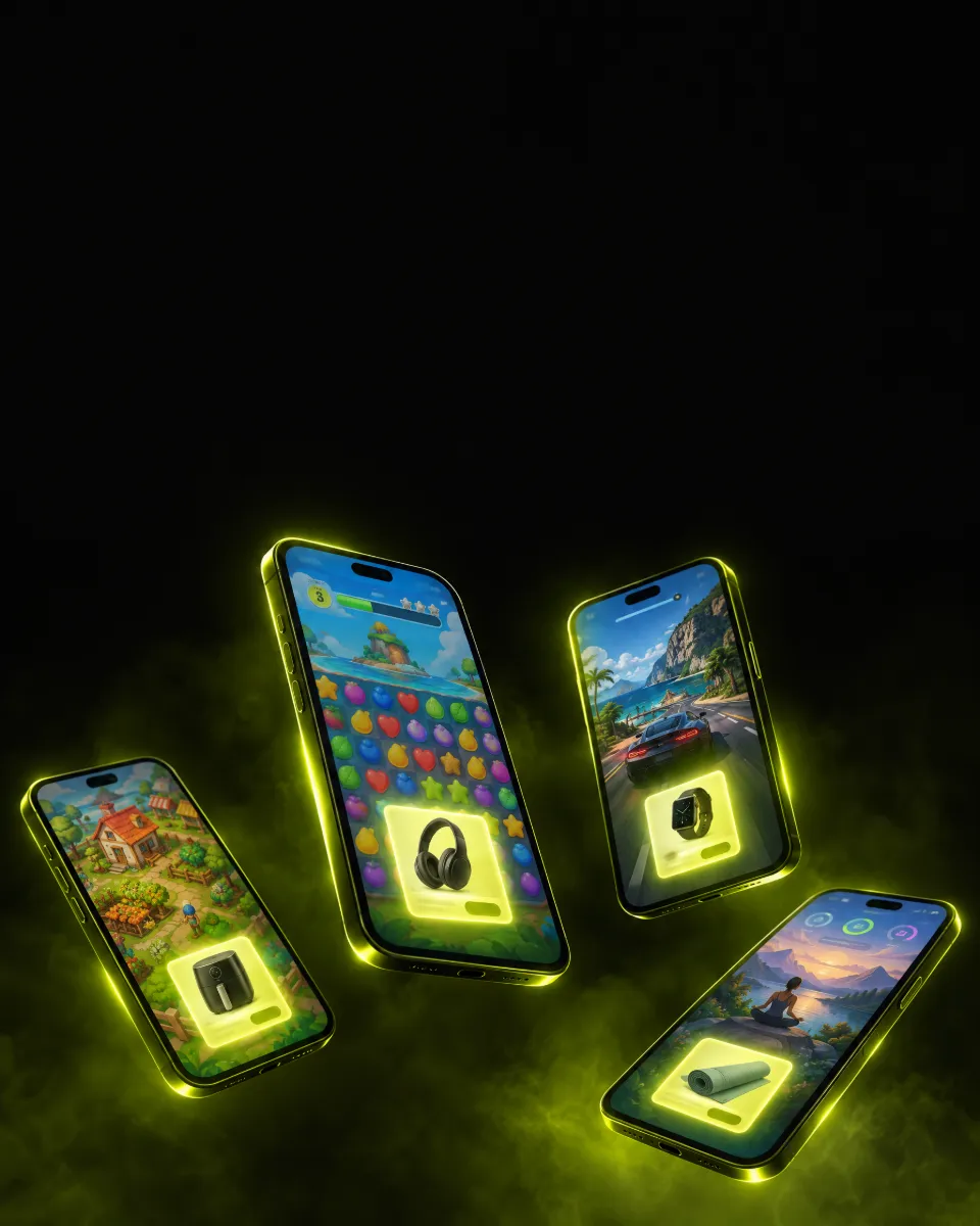 Ecommerce ads inside mobile games Several smartphones showing mobile games with shopping product ads glowing inside them