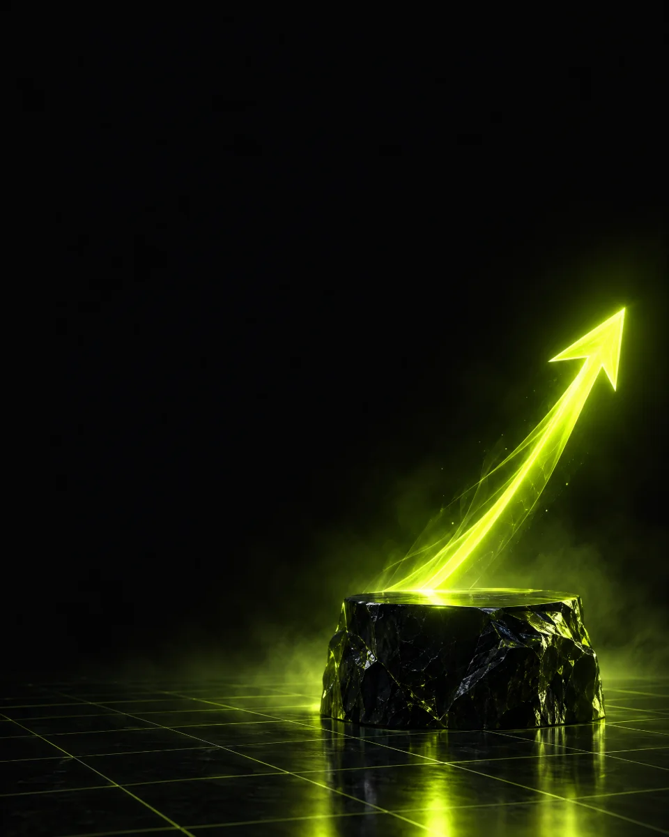 Glowing yellow-green arrow rising from a dark stone pedestal