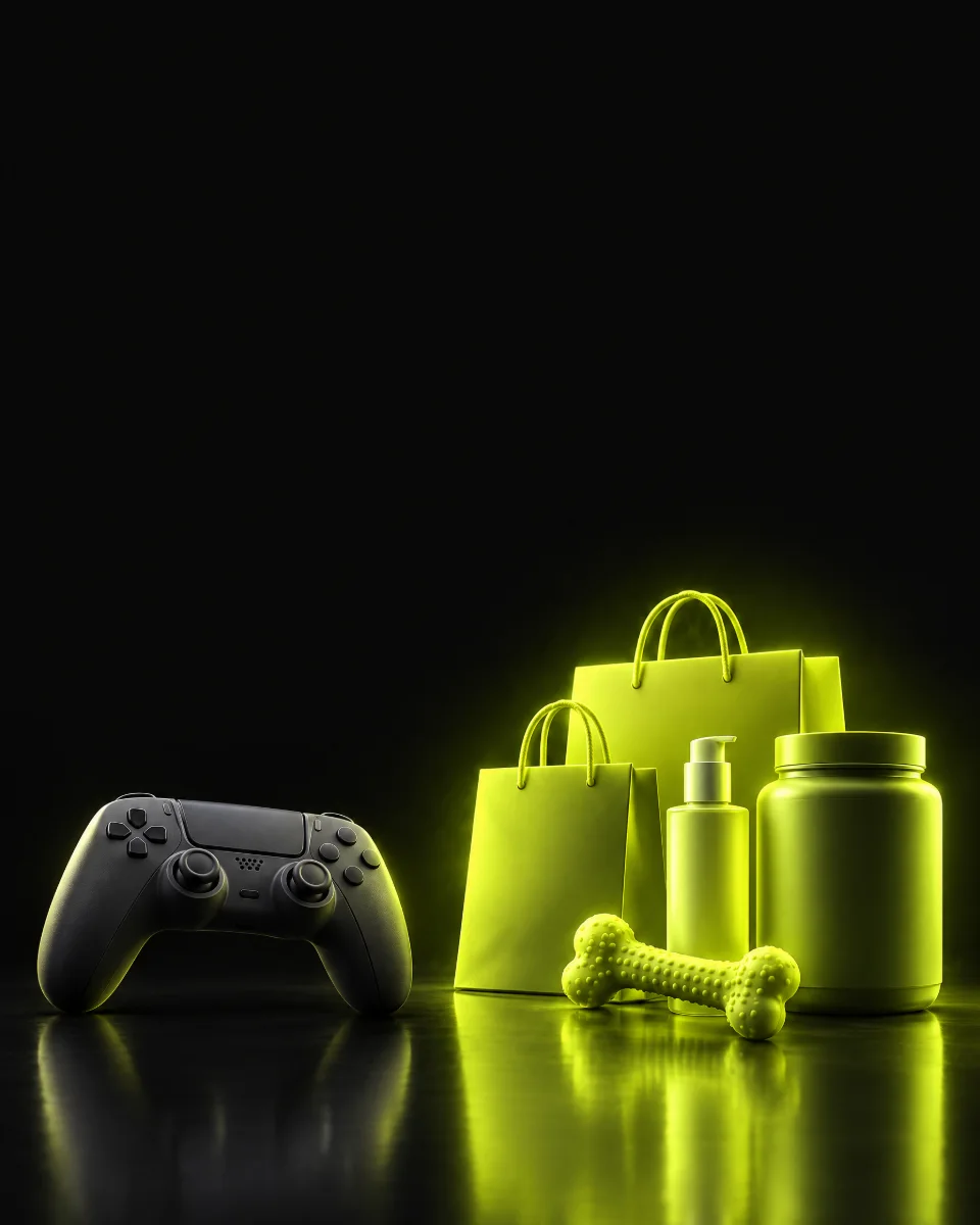 Shopping bags, skincare, a pet toy and a supplement tub lit up next to a game controller