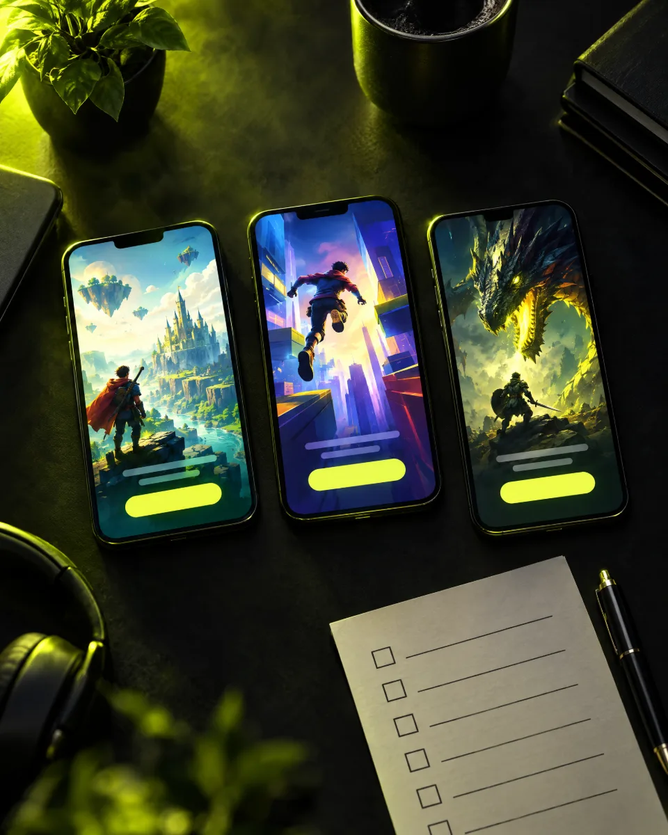 Three smartphones showing mobile game ads beside a blank agency evaluation checklist on a dark desk