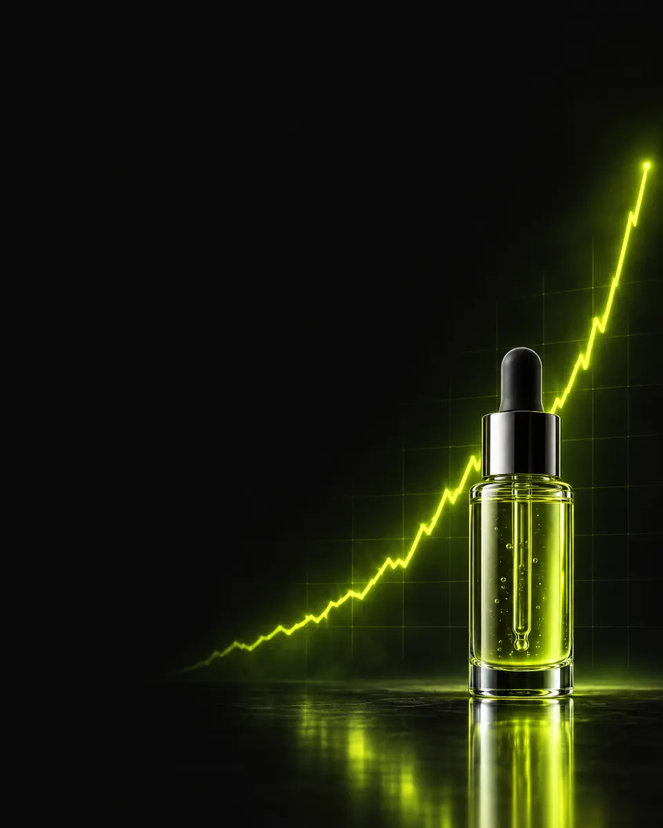 Glass skincare serum bottle in front of a rising growth chart