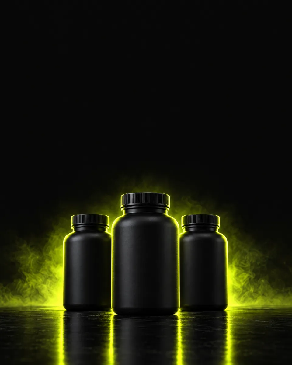 Three unbranded supplement bottles with dramatic yellow-green rim lighting