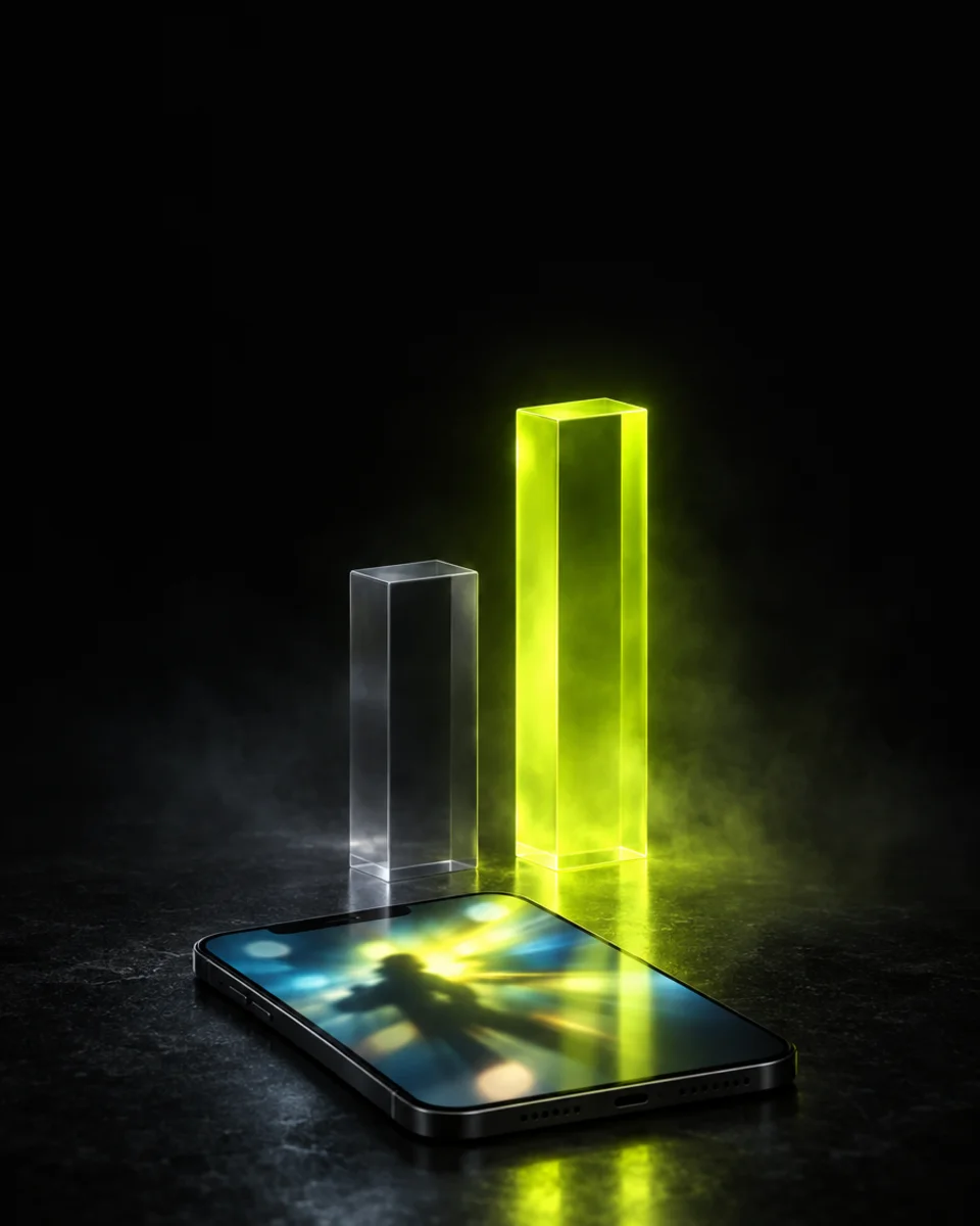 Two glowing bar columns on a dark background, the taller one lit in yellow-green, beside a smartphone showing a video ad