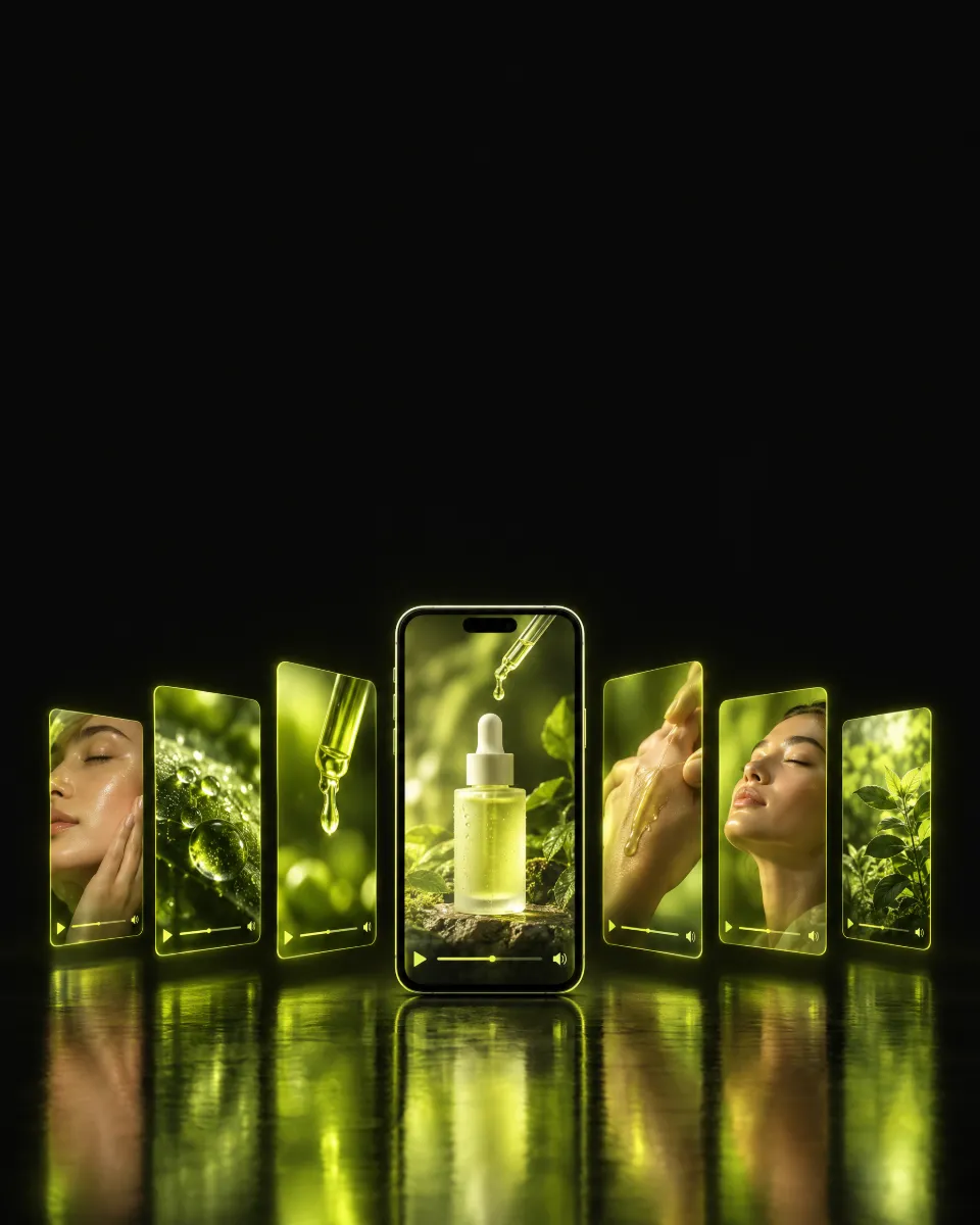 Smartphone playing a skincare product video ad surrounded by vertical video ad variations