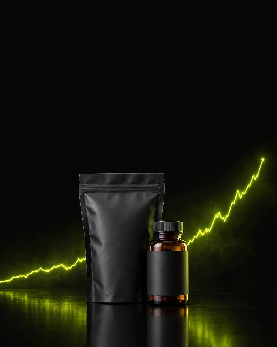 Supplement pouch and amber bottle in front of a climbing performance chart